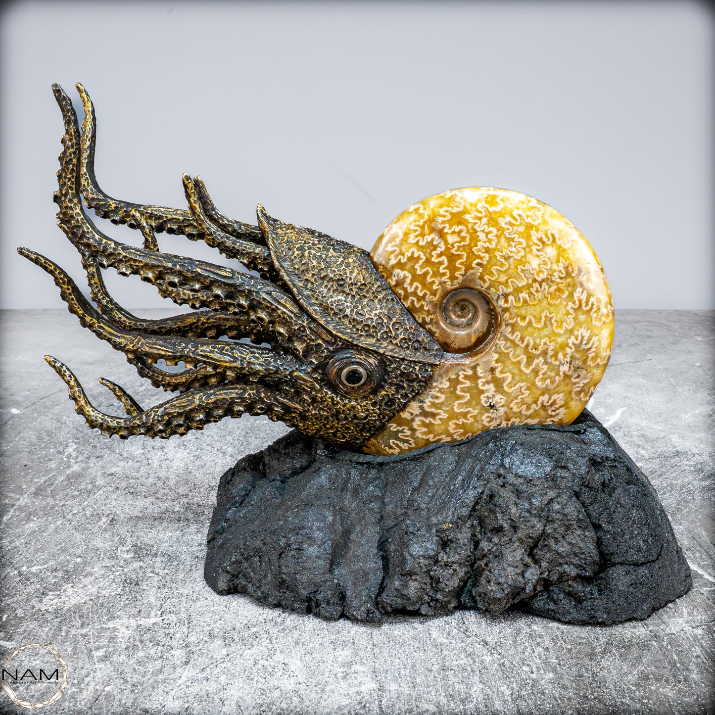 Natürlicher Ammonite verbunden mit Meisterhafter Kunst - 1177,63g