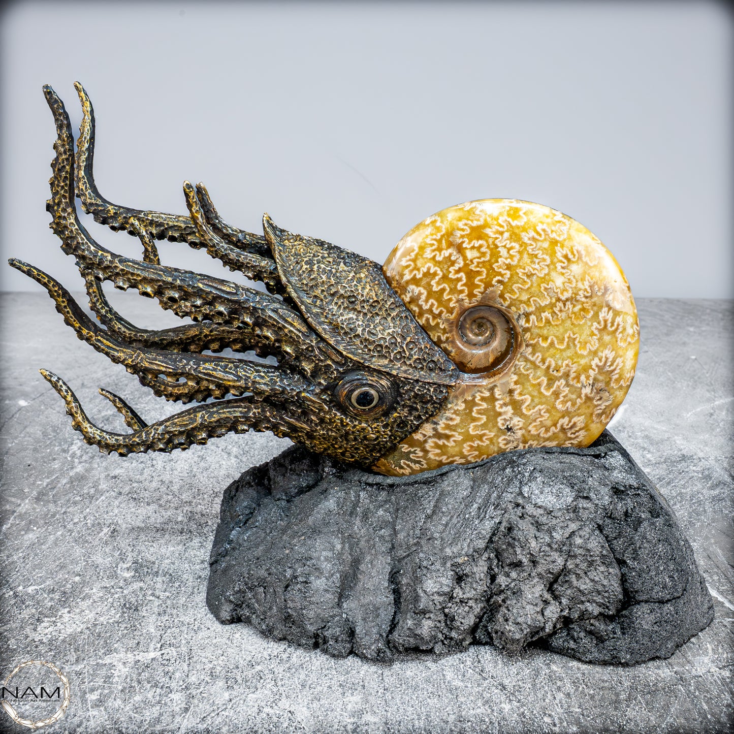 Natürlicher Ammonite verbunden mit Meisterhafter Kunst - 1177,63g