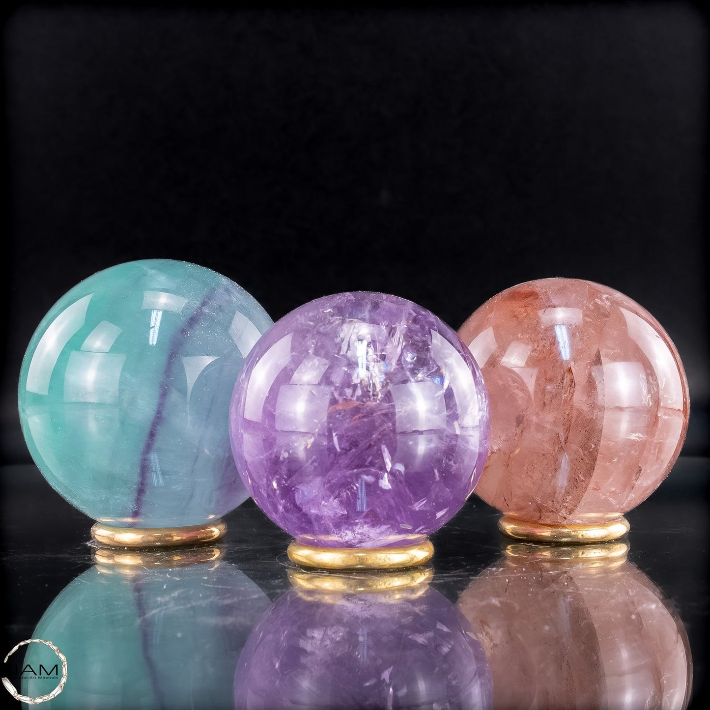 Dreiklang der Energie – Feuerquarz, Amethyst & Fluorit Kugel-Set - 650,27g