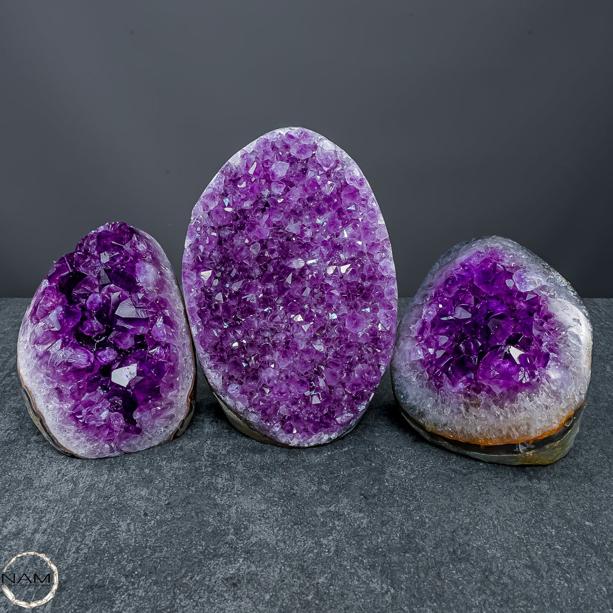 Amethyst-Drusen-Set – Drei einzigartige Kristallwelten – 1641,91g