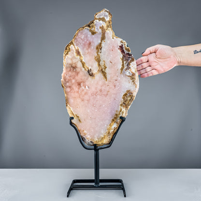 Natürliche Pinker Amethyst-Achat Scheibe auf Ständer -4865,33g