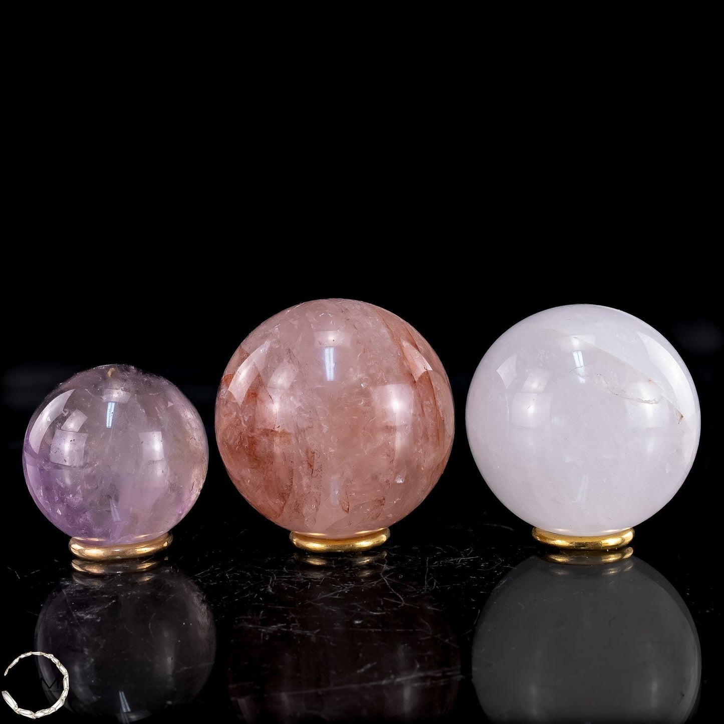 Kugel Set aus Bergkristall, Amethyst & Feuerquarz - 837,44g
