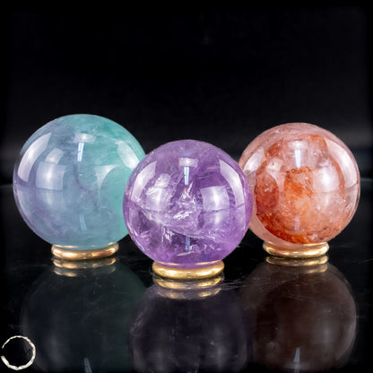 Dreiklang der Energie – Feuerquarz, Amethyst & Fluorit Kugel-Set - 650,27g