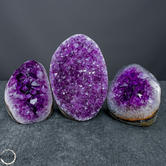 Amethyst-Drusen-Set – Drei einzigartige Kristallwelten – 1641,91g
