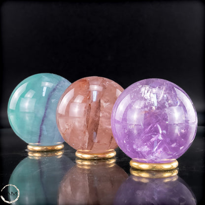Dreiklang der Energie – Feuerquarz, Amethyst & Fluorit Kugel-Set - 650,27g