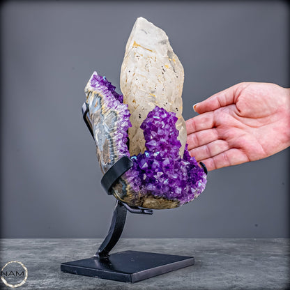 Perfekter  Amethyst mit Calcit kristallen auf Ständer, Uruguay - 3654,48g