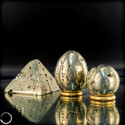 Exklusives natürliches Pyrit Set aus Pyramide, Kugel und Ei- 539,32g