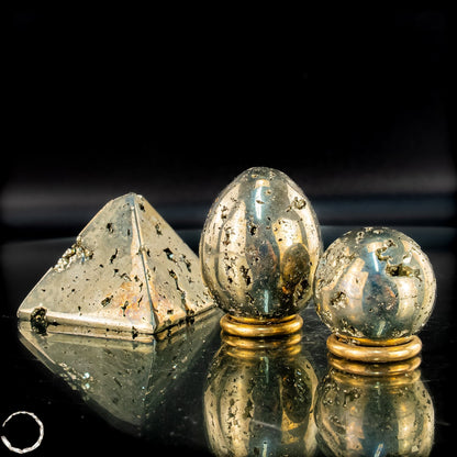 Exklusives natürliches Pyrit Set aus Pyramide, Kugel und Ei- 539,32g