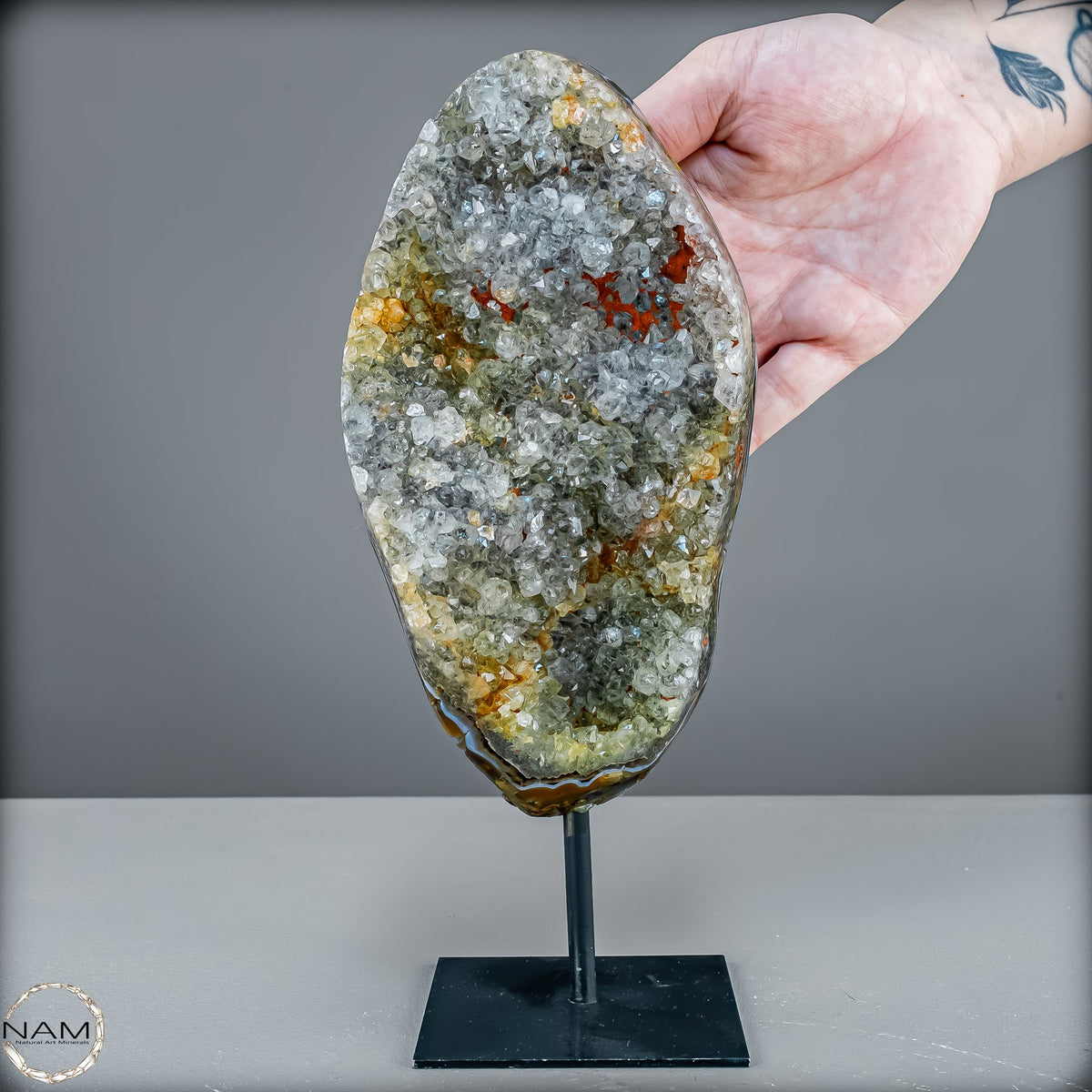 Amethyst-Prasiolith-Druse auf Ständer  (grüner Amethyst) – 1250,20g