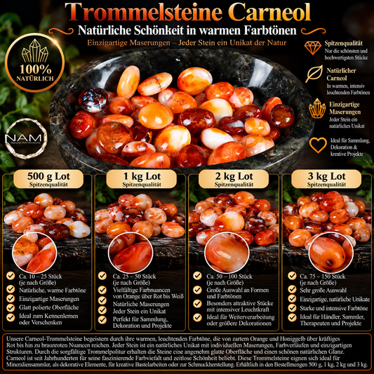 Trommelsteine Carneol – Faszinierende orange-rote Farbvielfalt mit einzigartigen natürlichen Maserungen