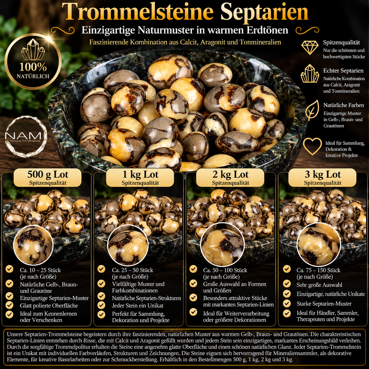Trommelsteine Septarien – Faszinierende Naturmuster in warmen Gold-, Braun- und Cremetönen