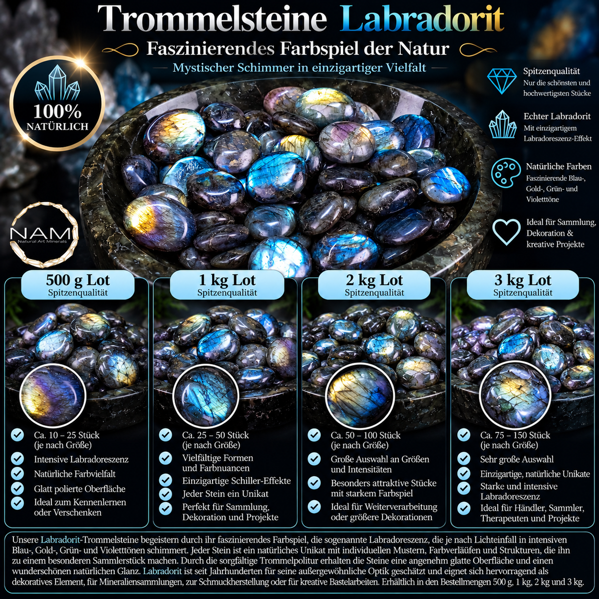 Trommelsteine Labradorit – Faszinierendes Farbspiel mit intensivem blauem und goldenem Schimmer