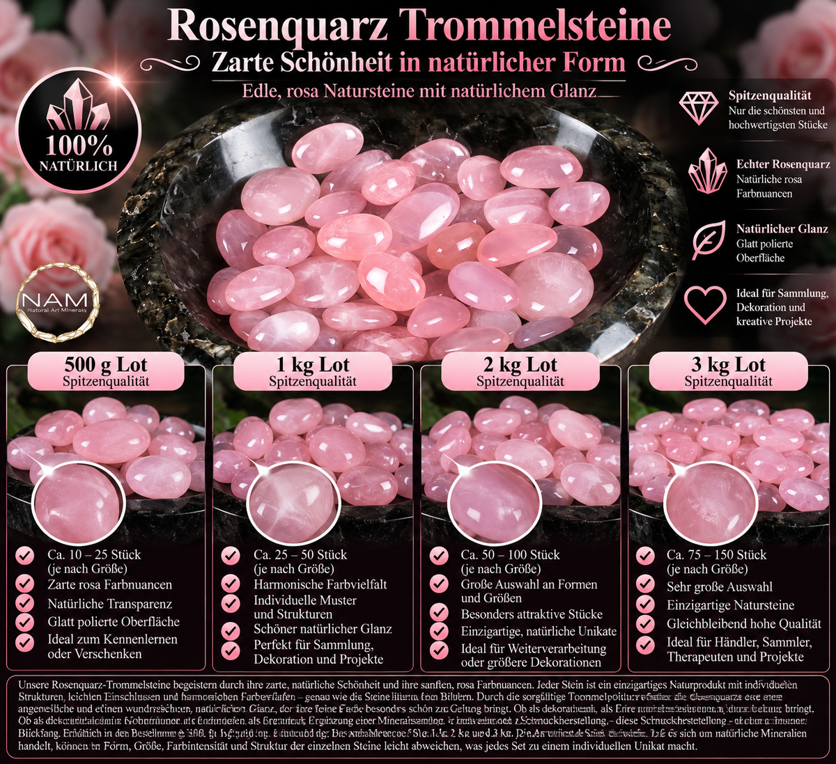 Natürliche Rosenquarz-Trommelsteine in Spitzenqualität – zarte Rosatöne und edler Glanz