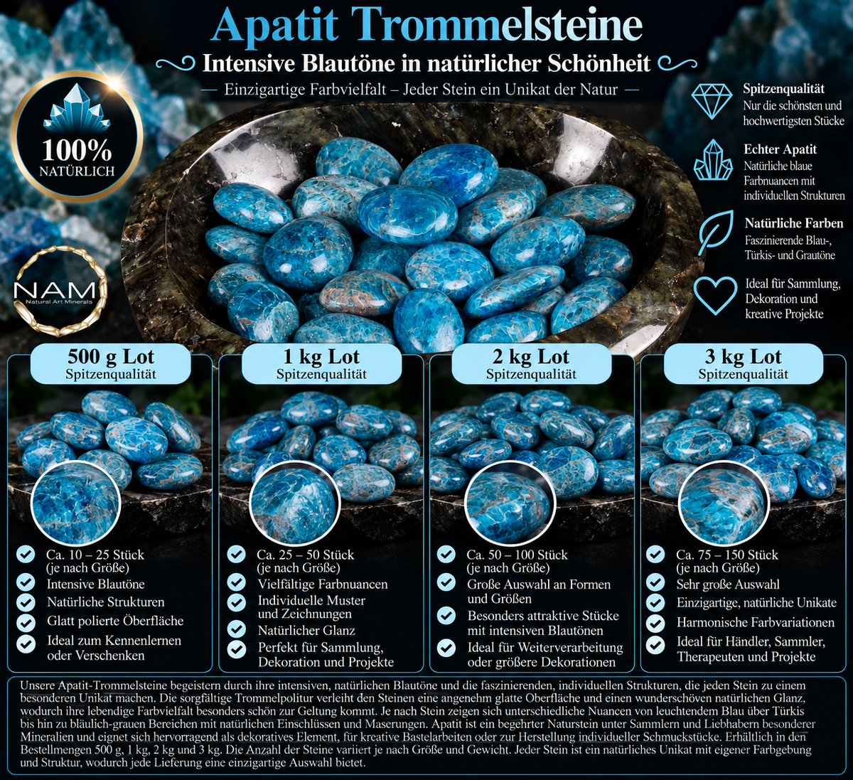 Apatit-Trommelsteine in Spitzenqualität – Faszinierende Blau- und Türkistöne für anspruchsvolle Mineraliensammler