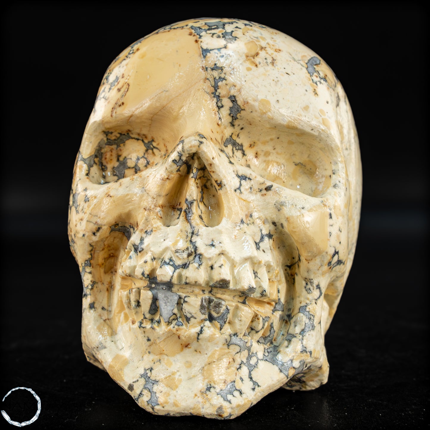 Natürlicher Indonesischer Picture Jasper-Kristall Schädel – 493,17g