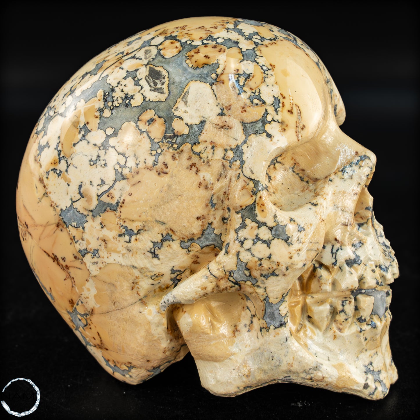 Natürlicher Indonesischer Picture Jasper-Kristall Schädel – 493,17g