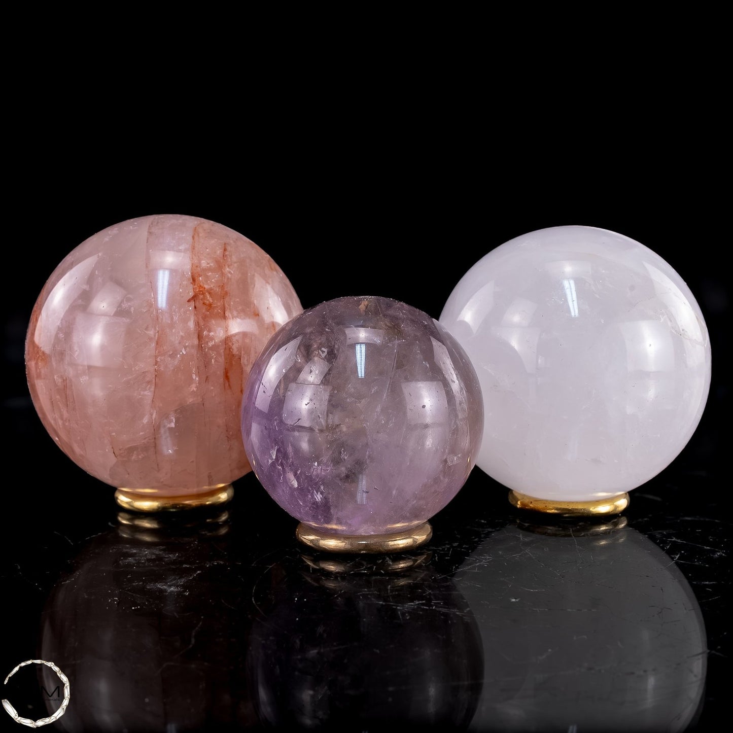 Kugel Set aus Bergkristall, Amethyst & Feuerquarz - 837,44g