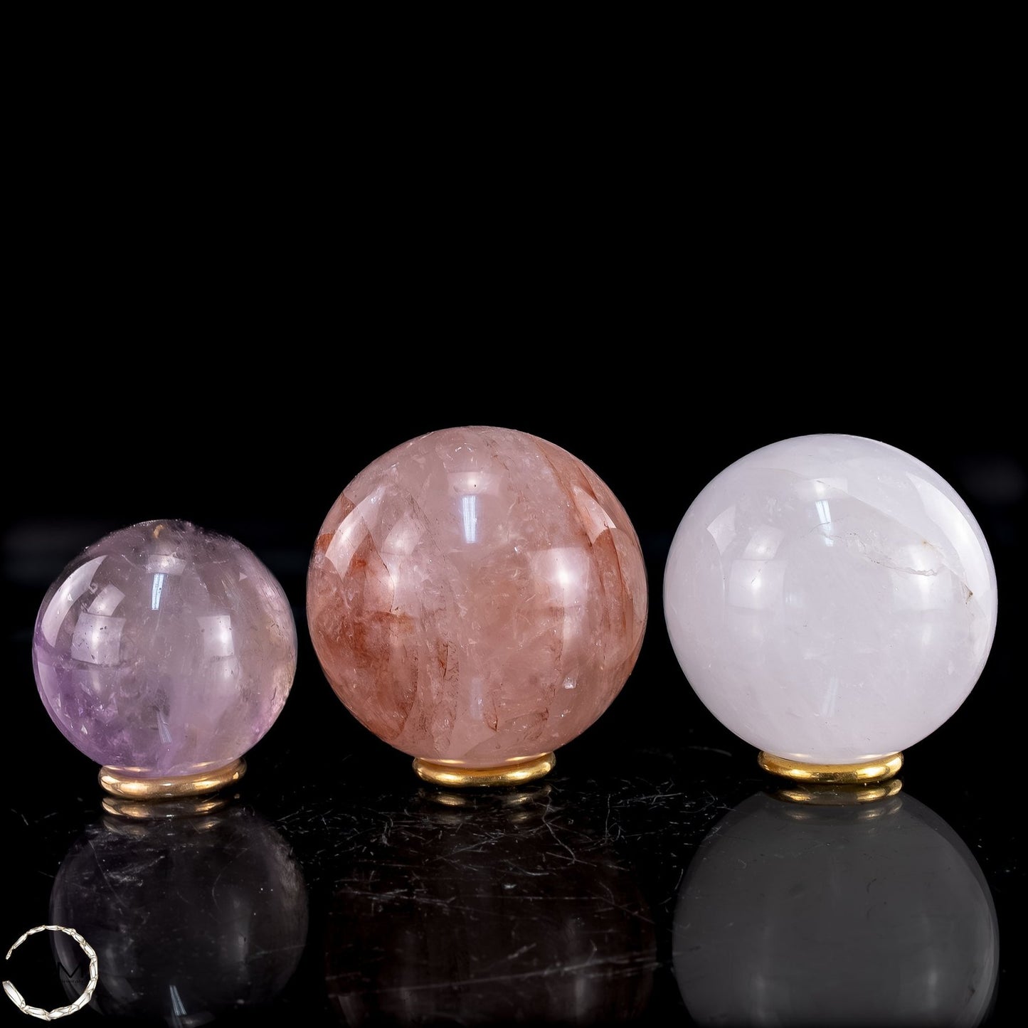 Kugel Set aus Bergkristall, Amethyst & Feuerquarz - 837,44g