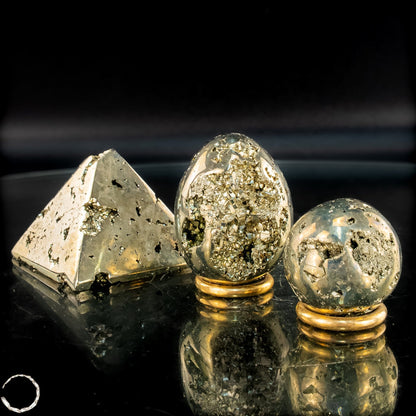 Exklusives natürliches Pyrit Set aus Pyramide, Kugel und Ei- 539,32g