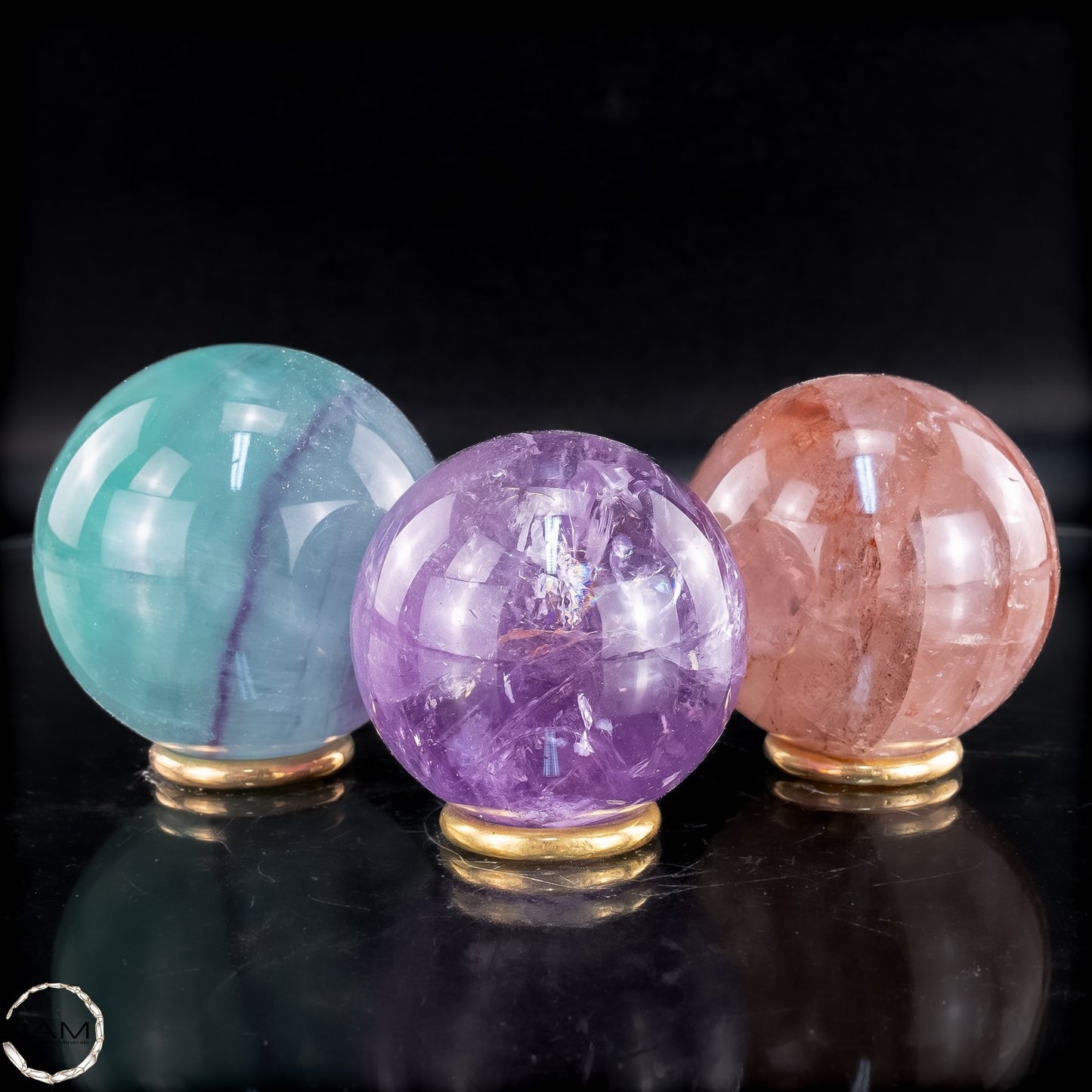 Dreiklang der Energie – Feuerquarz, Amethyst & Fluorit Kugel-Set - 650,27g