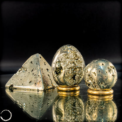 Exklusives natürliches Pyrit Set aus Pyramide, Kugel und Ei- 539,32g