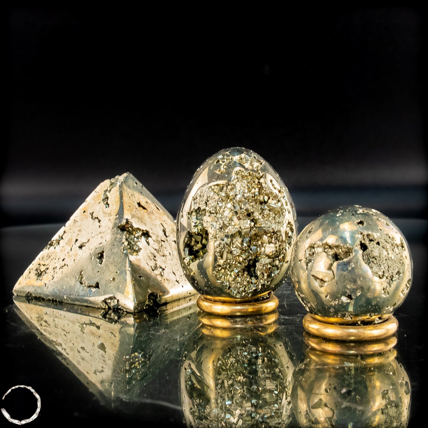 Exklusives natürliches Pyrit Set aus Pyramide, Kugel und Ei- 539,32g