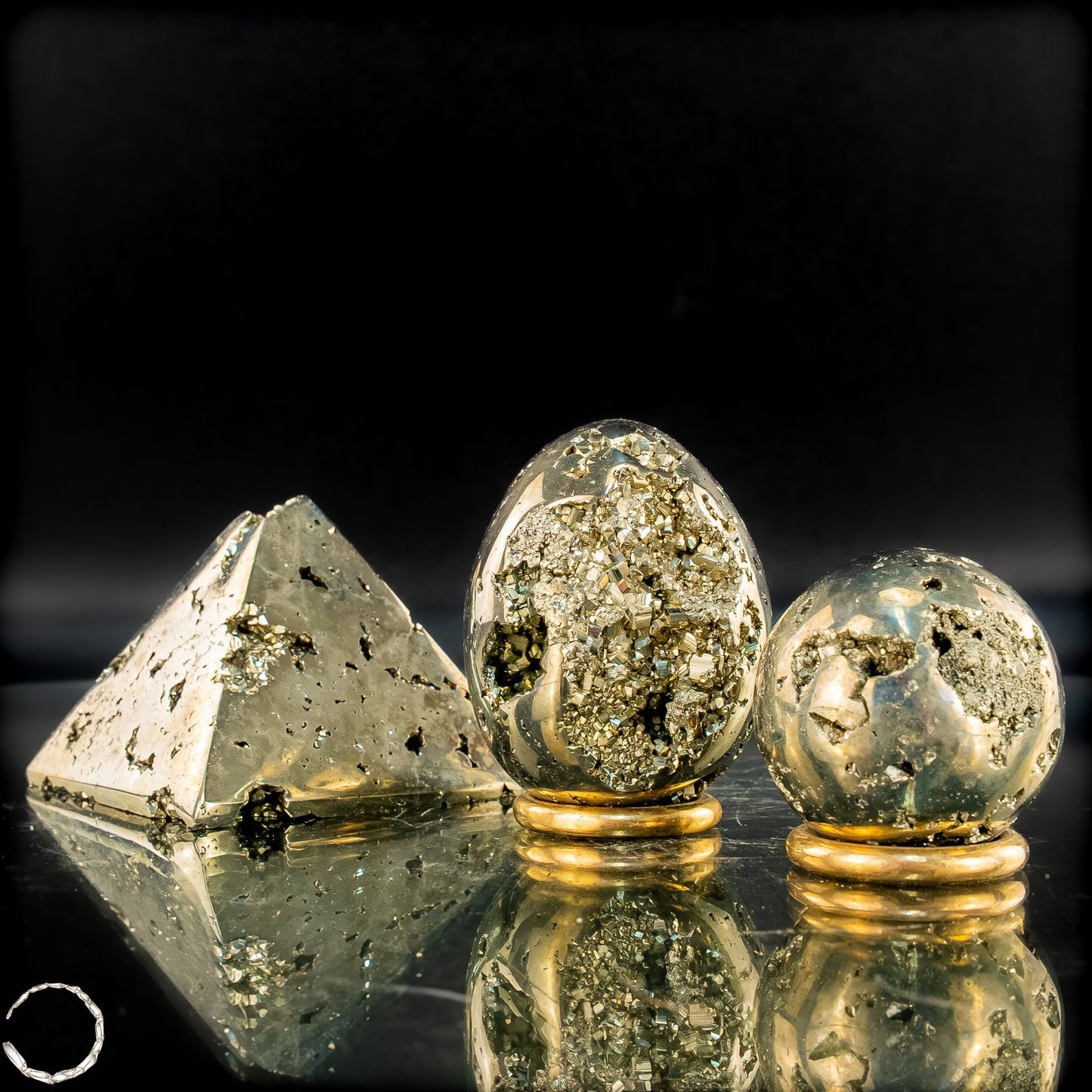 Exklusives natürliches Pyrit Set aus Pyramide, Kugel und Ei- 539,32g