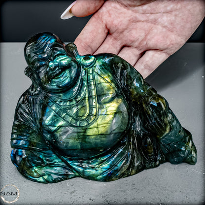 Natürliche Labradorit Kristall Buddha Skulptur -979,66g