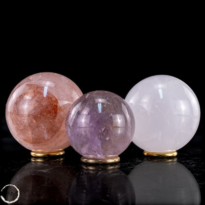 Kugel Set aus Bergkristall, Amethyst & Feuerquarz - 837,44g