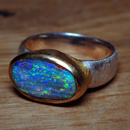 AAA+ Boulder Opal Ring aus Australien 925 Silber & 18k Gold Plated, 29.195 ct